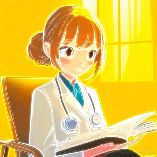 a cartoon of a woman in a white coat reading a book