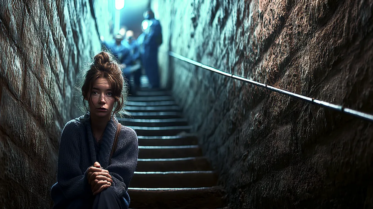 Charlott, Dienstag - 9. Juni 6 Frau sitzt traurig auf Treppe.