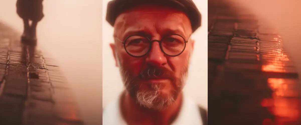 drei Bilder, in der Mitte ein Mann, am Rande eines Sees.