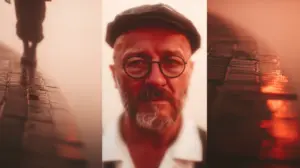 drei Bilder, in der Mitte ein Mann, am Rande eines Sees.