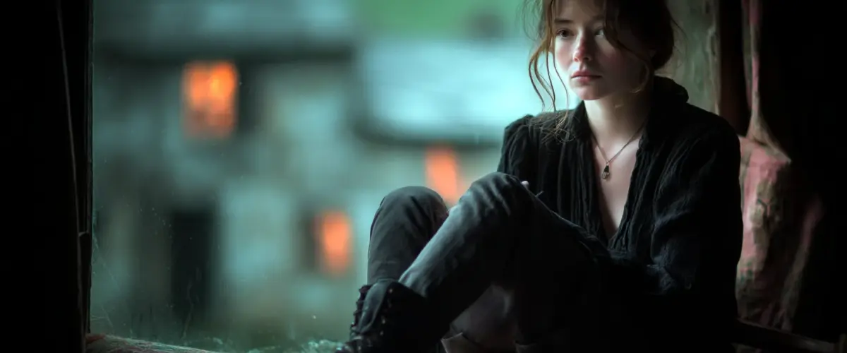 Frau sitzt nachdenklich am Fenster. @KI