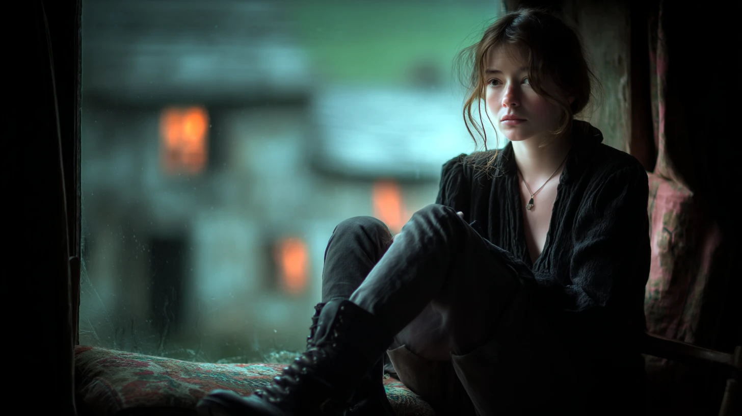 Frau sitzt nachdenklich am Fenster. @KI