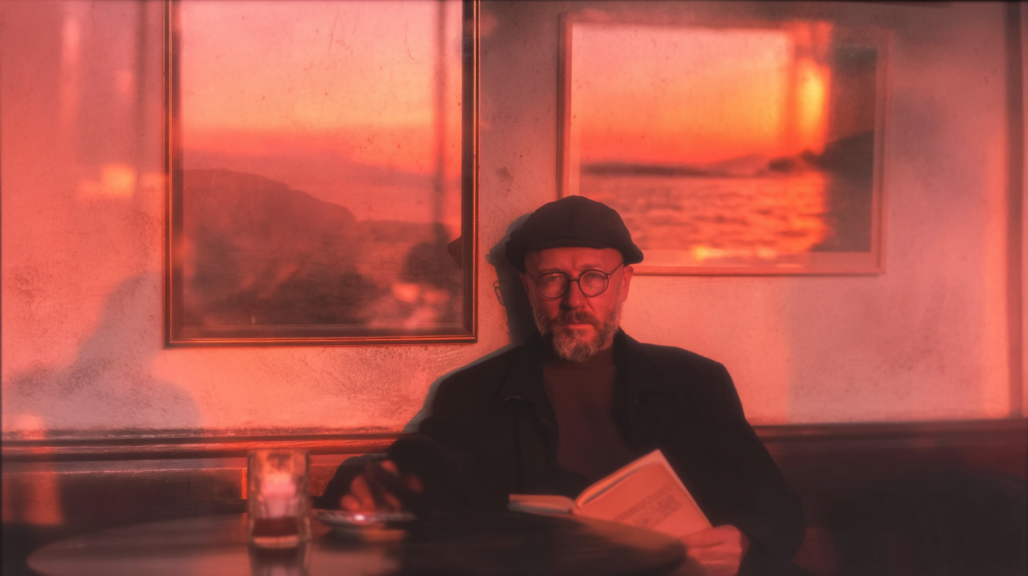 Mann liest Buch bei Sonnenuntergang.