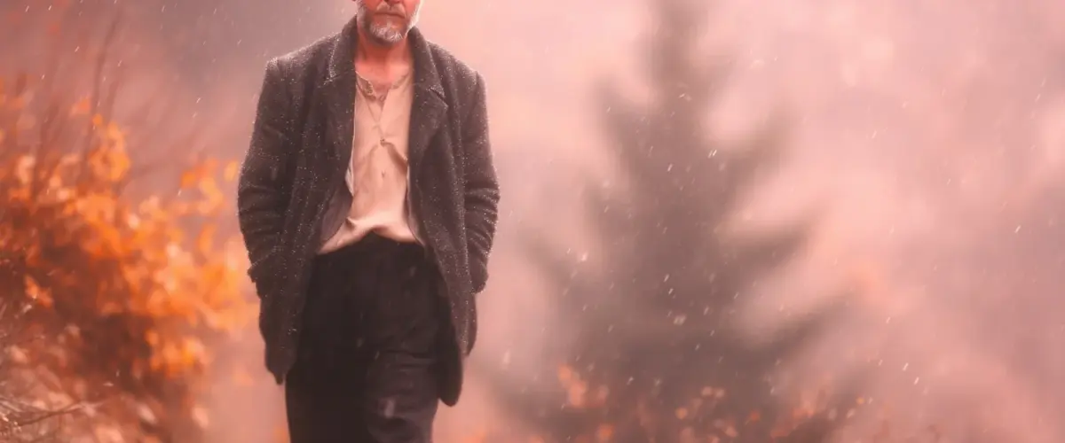 Mann geht durch neblige Landschaft.