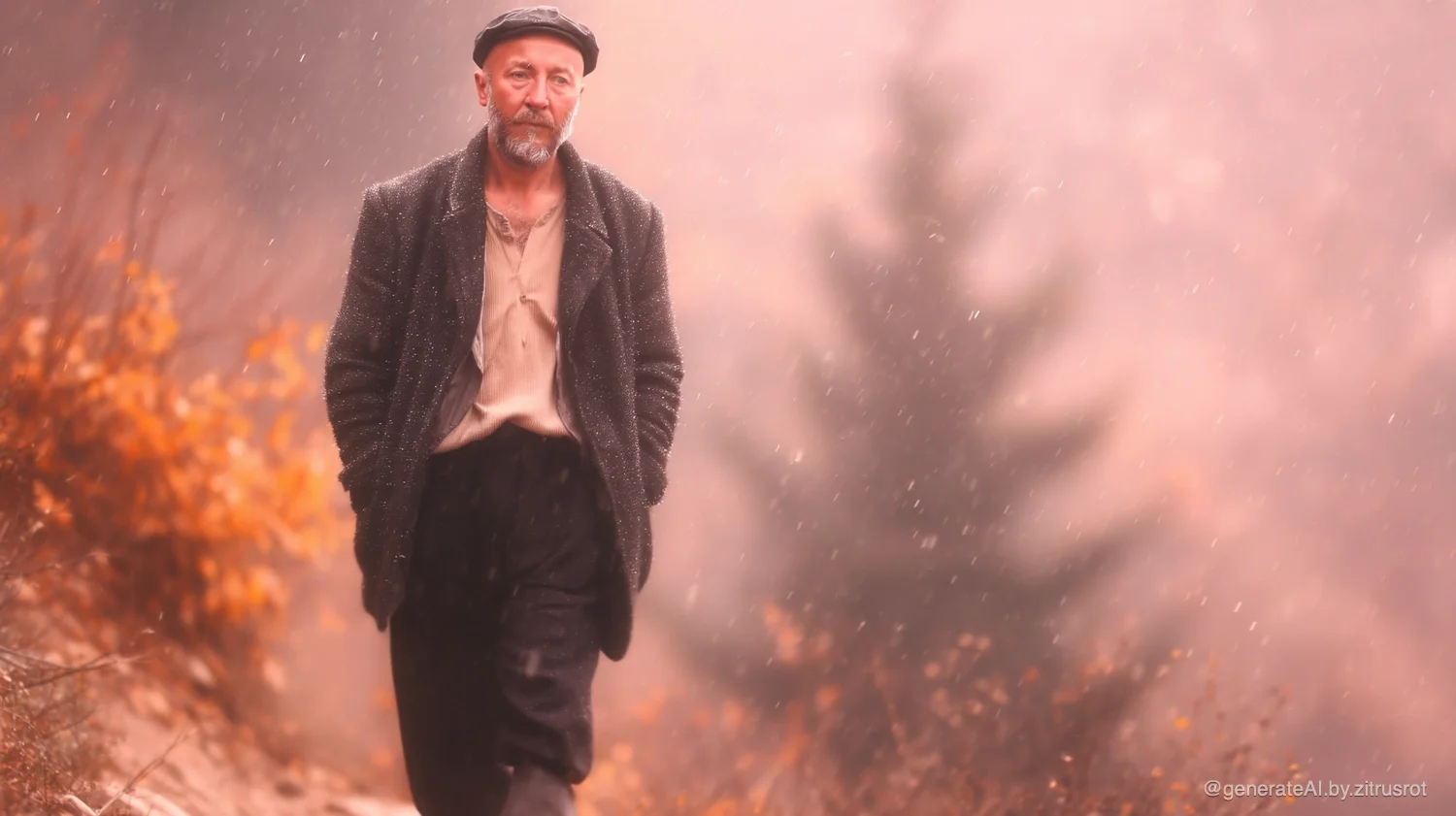 Mann geht durch neblige Landschaft.