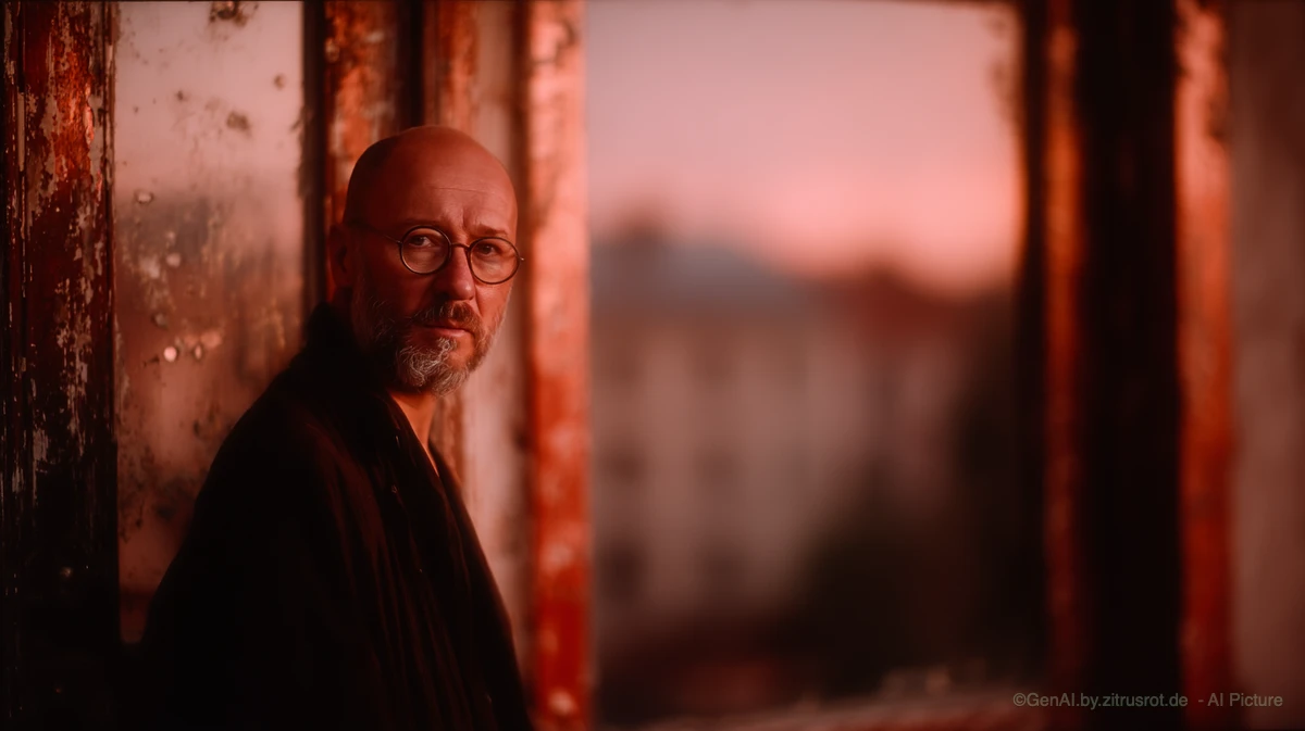 Mann steht am Fenster bei Sonnenuntergang.