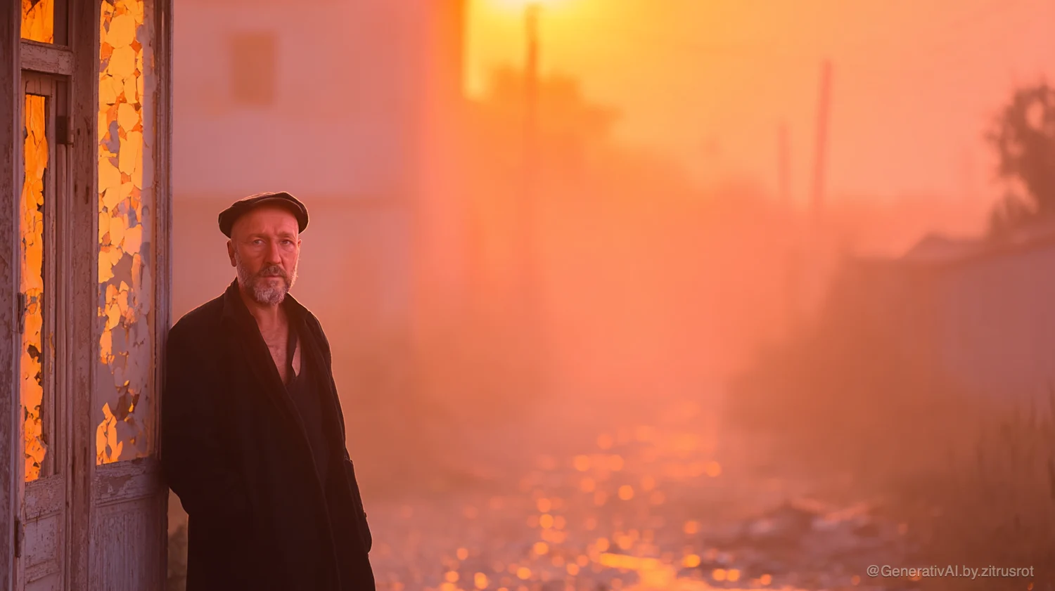 Mann in einer Stadt mit wärmender Sonne