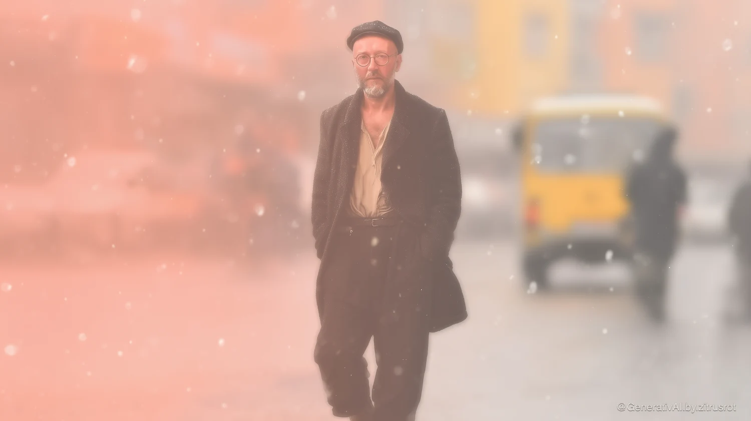 Mann läuft durch schneebedeckte Straße.