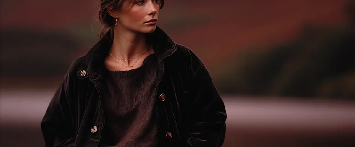 Frau in schwarzer Jacke und Pullover.