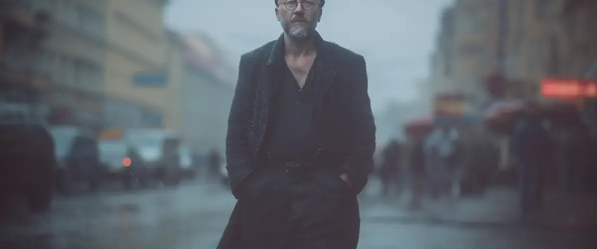 Mann geht durch regnerische Straße.