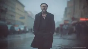 Mann geht durch regnerische Straße.