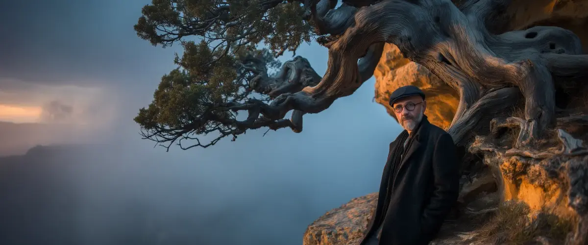 Mann steht unter einem Baum.