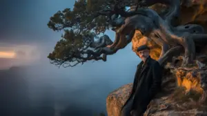 Mann steht unter einem Baum.