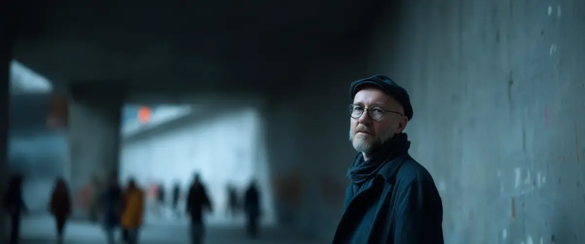 Mann steht in urbaner Umgebung.