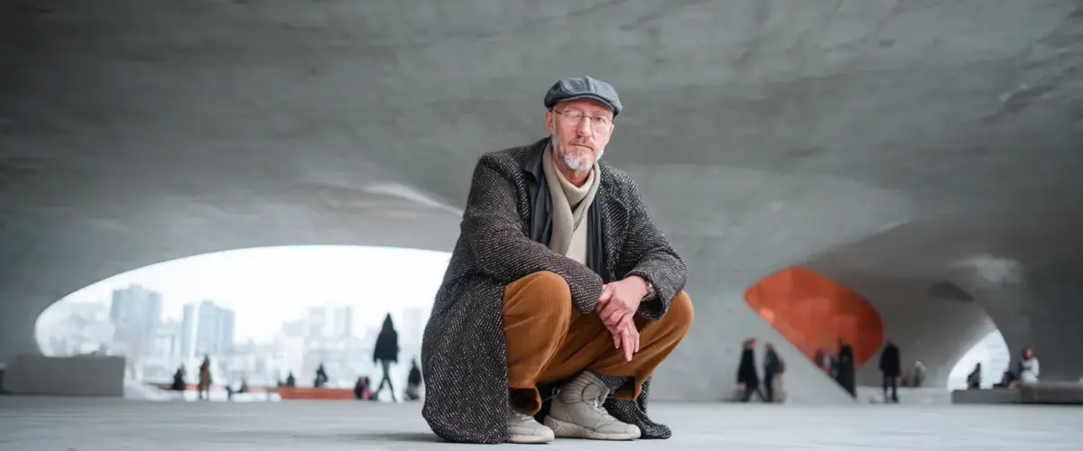 Mann sitzt unter modernem Bauwerk.