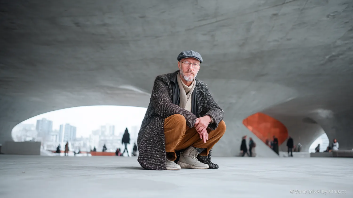 Mann sitzt unter modernem Bauwerk.