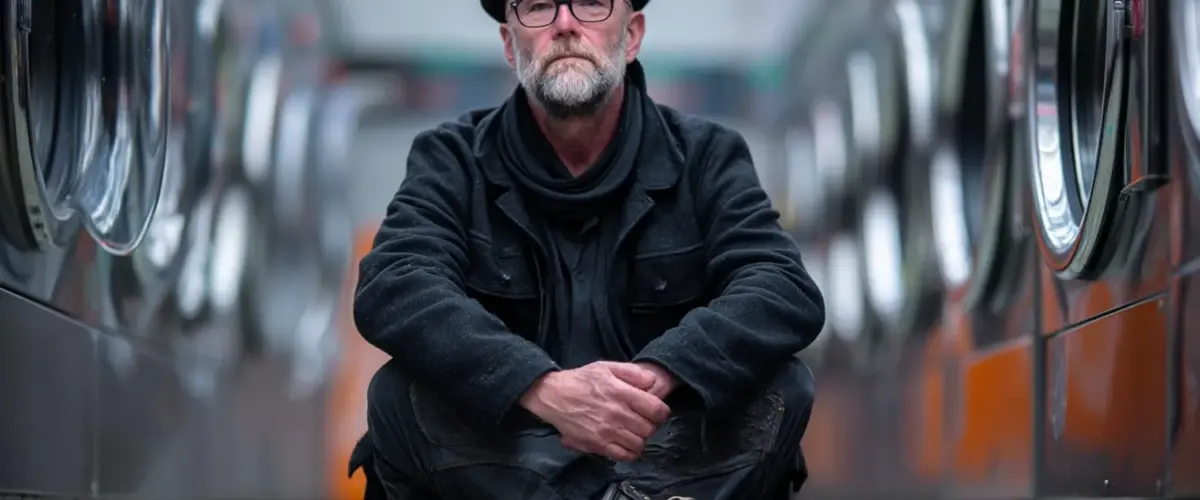 Mann sitzt in einer Wäscherei.