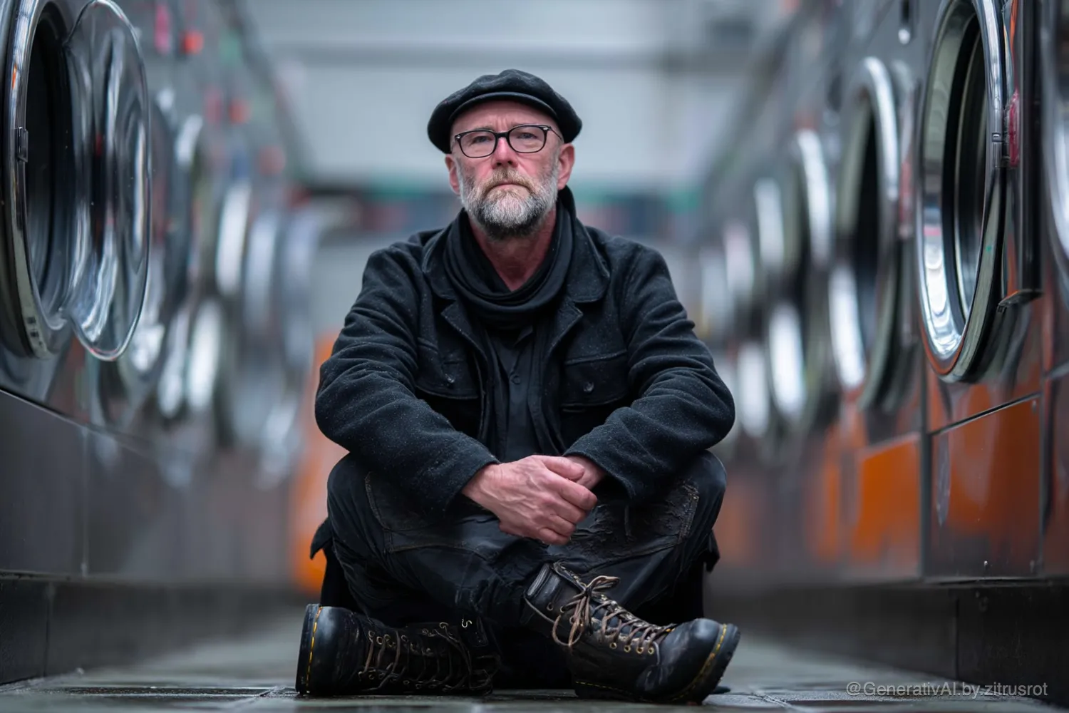 Mann sitzt in einer Wäscherei.