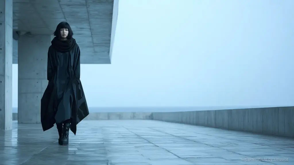 Frau in schwarzem Mantel, grauer Hintergrund