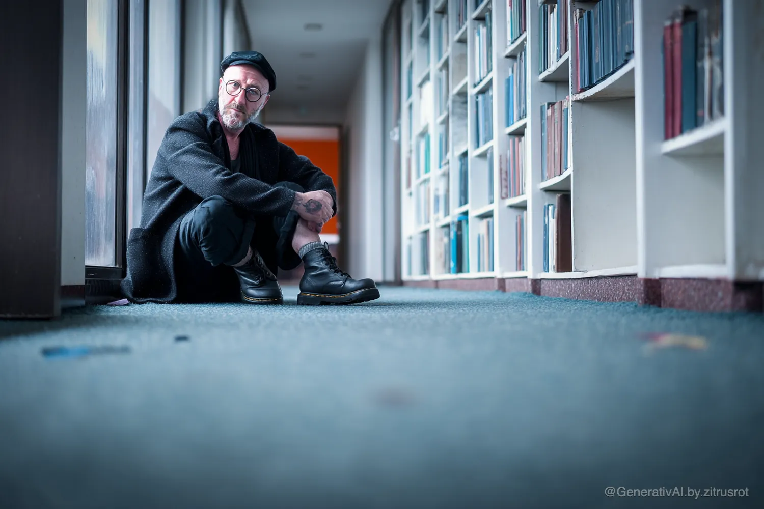 Mann vor Bücherregal
